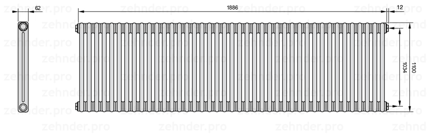 Схема (чертеж) Радиатор Zehnder Charleston 2110/41 №7610 Белый глянцевый RAL 9016